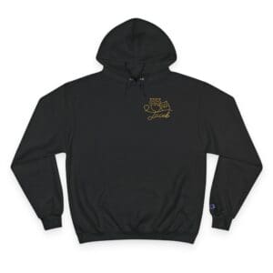 Black hooded sweatshirt with a small gold emblem on the chest.