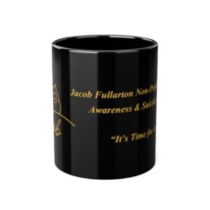 Black mug with gold text and decoration.