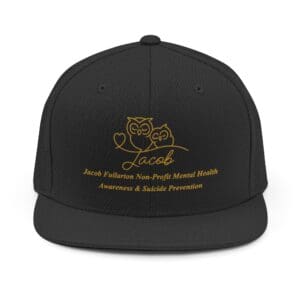 Black snapback hat with gold embroidered rose and text design.