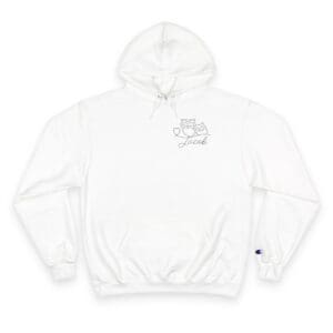 White hoodie with a small graphic on the chest and drawstring hood.