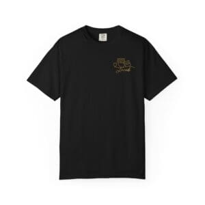 Black T-shirt with a small gold logo on the chest.