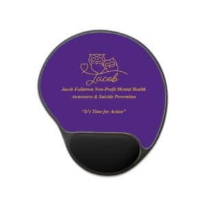 Purple mouse pad with black wrist rest and white text.