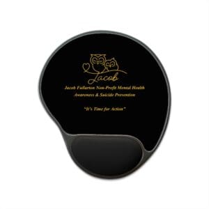 Black mousepad with wrist support and gold text logo.