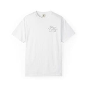 White t-shirt with a small graphic on the chest pocket area.