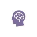 Purple silhouette of a human head with a brain icon inside.